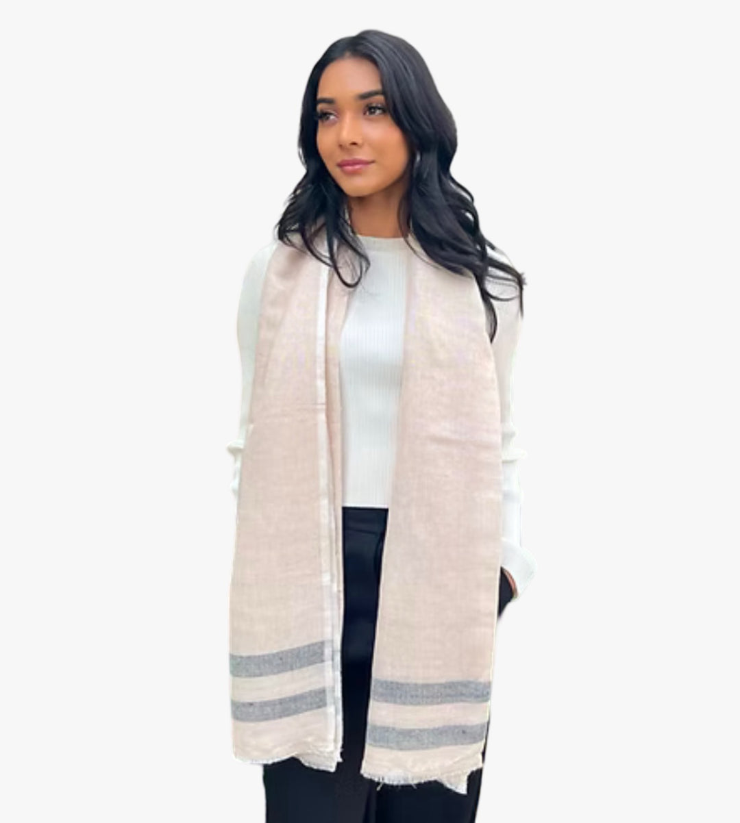 WS - Linen Handwoven Scarf- Natural &  Grey Stripe 754523535784