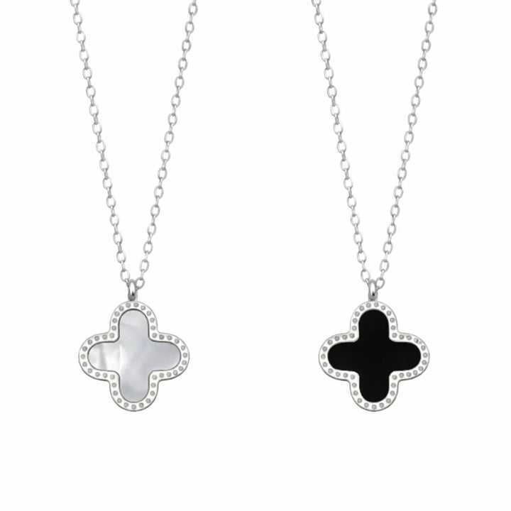 WS Cross Pendant with Reversible Charm Black and White Necklace - Silver