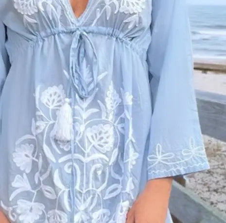 'Amelie' Embroidered Cotton Dress in Glacier Blue