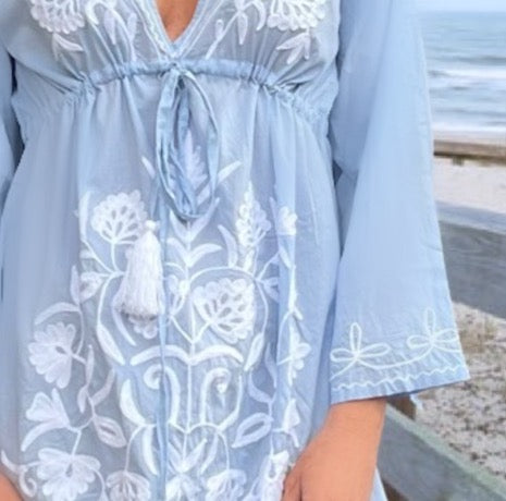 'Amelie' Embroidered Cotton Dress in Glacier Blue