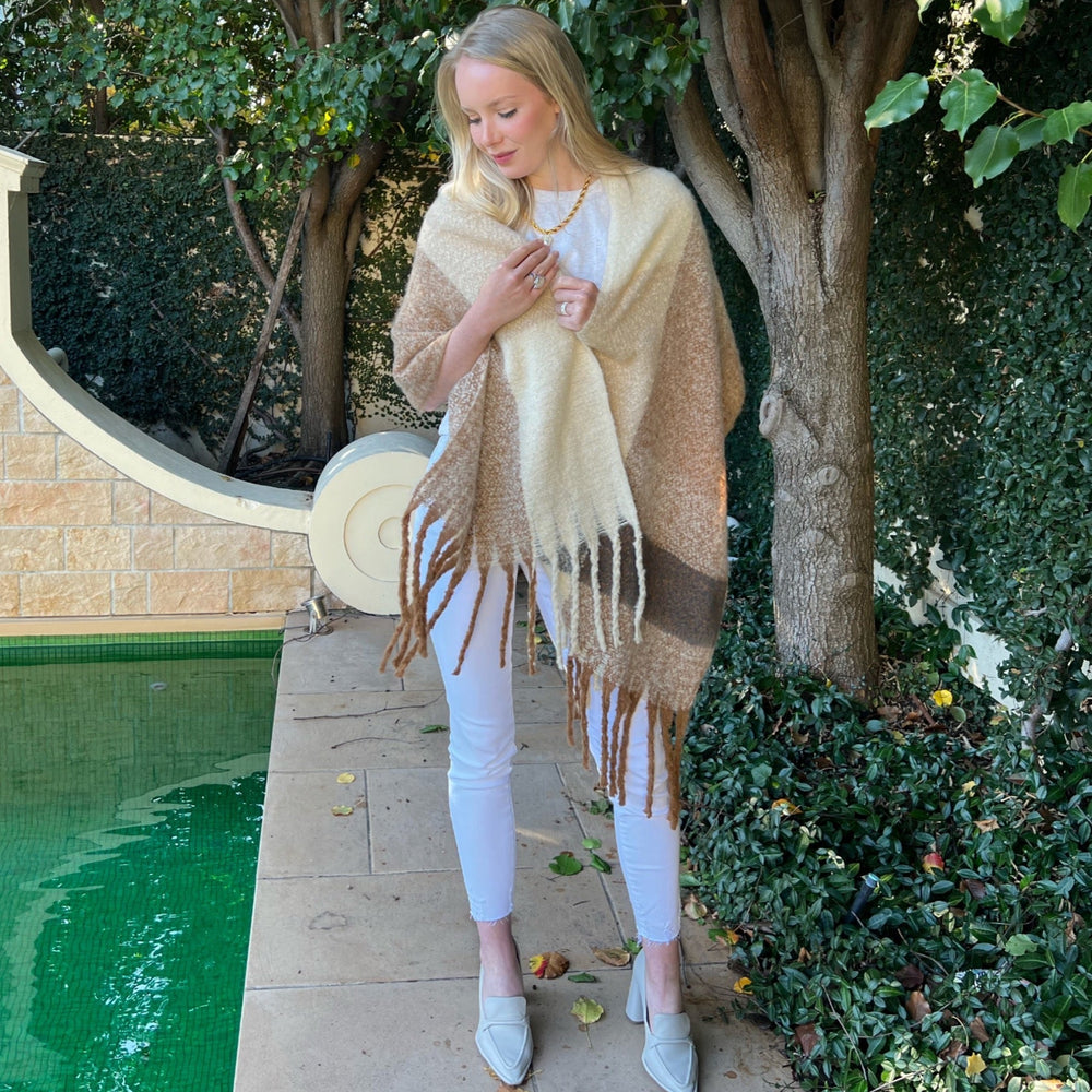 WS - Oversized Cuddly Blanket Scarf - Off-white, Camels, and Browns