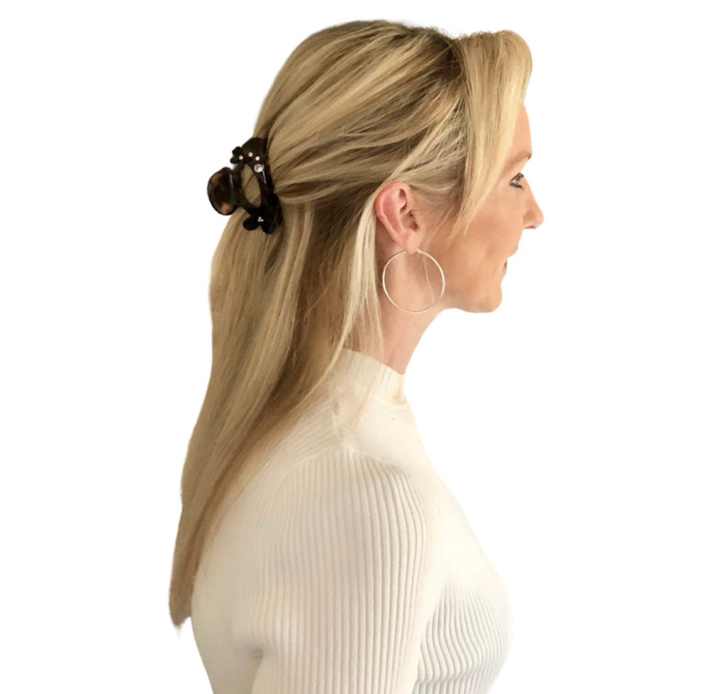 Premium Large Hairclaw with Swarovski Crystals & Flowers - Dark Tortoise