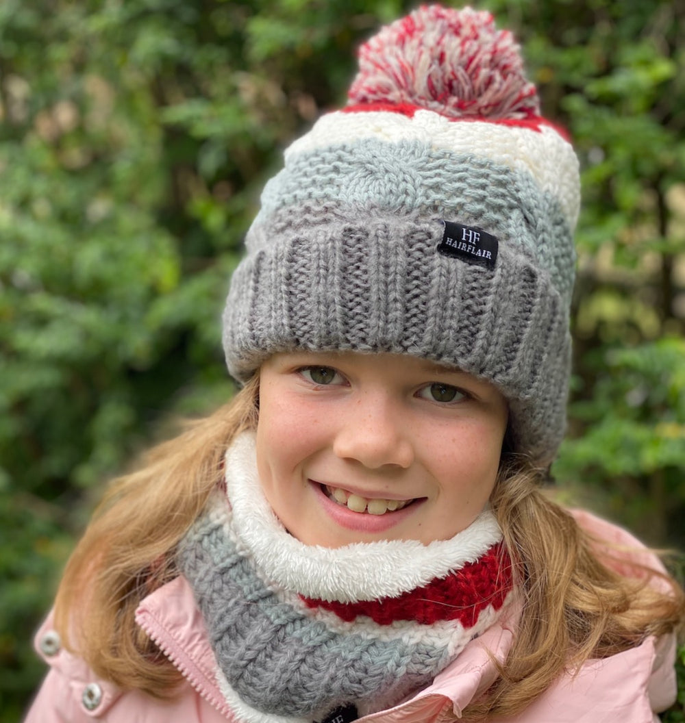 KIDS Beanie & Scarf - Unisex Stripe Grey  3-10yr