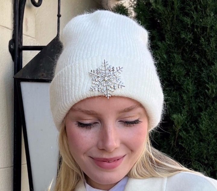Angora Blend Beanie with SnowFlake- White