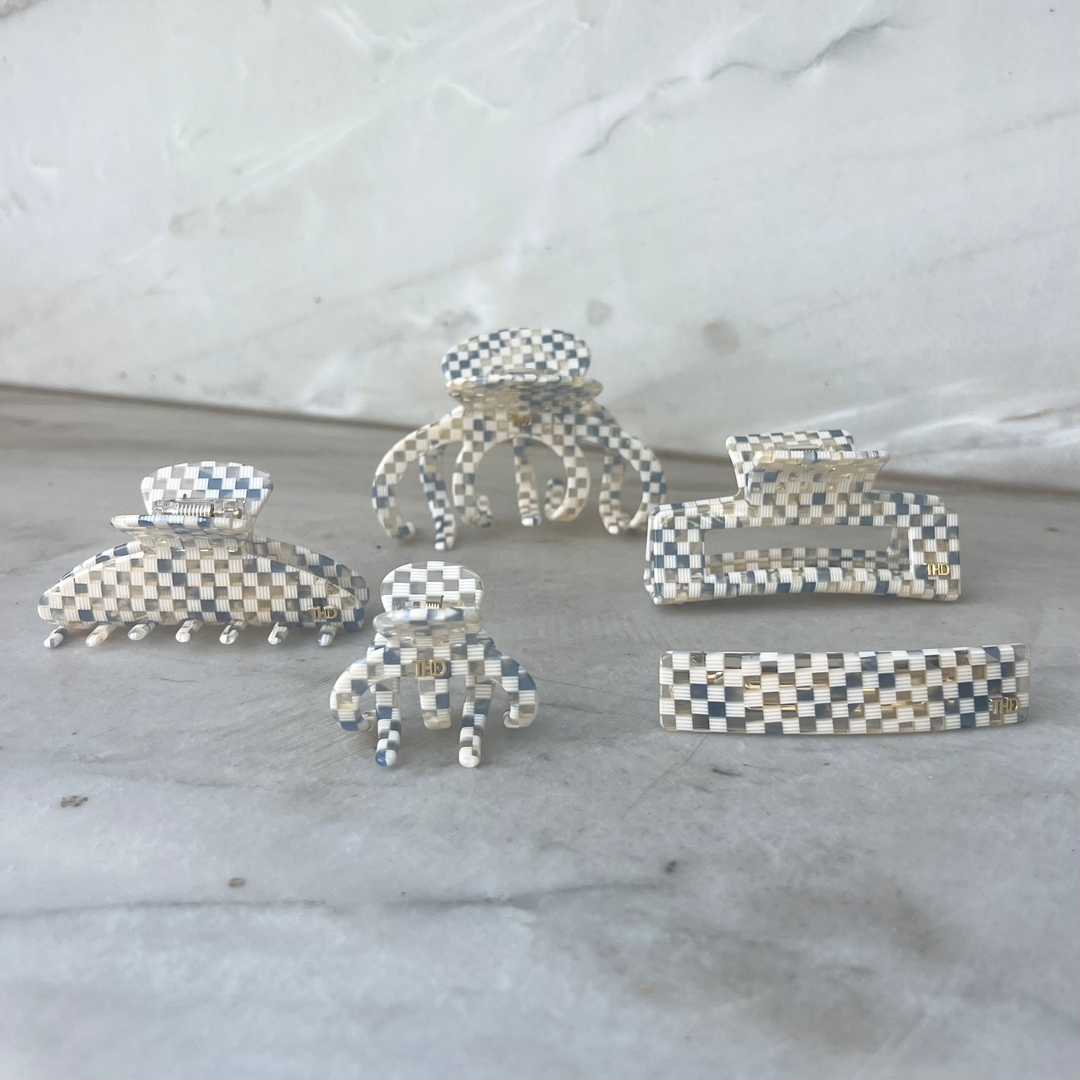 Large Acetate Hair Claw Blue/white check Paros