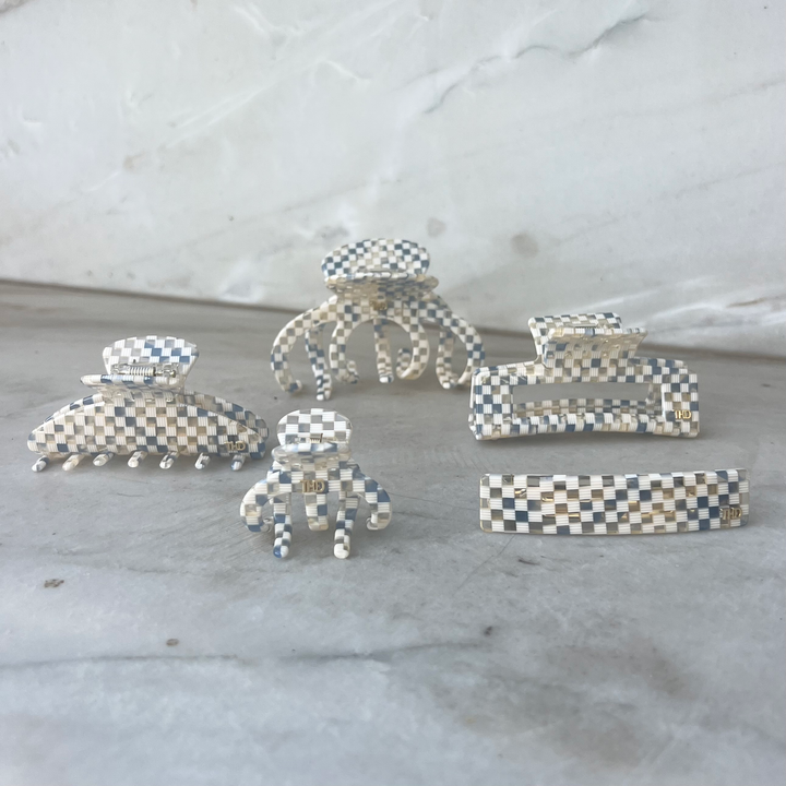Large Acetate Hair Claw Blue/white check Paros