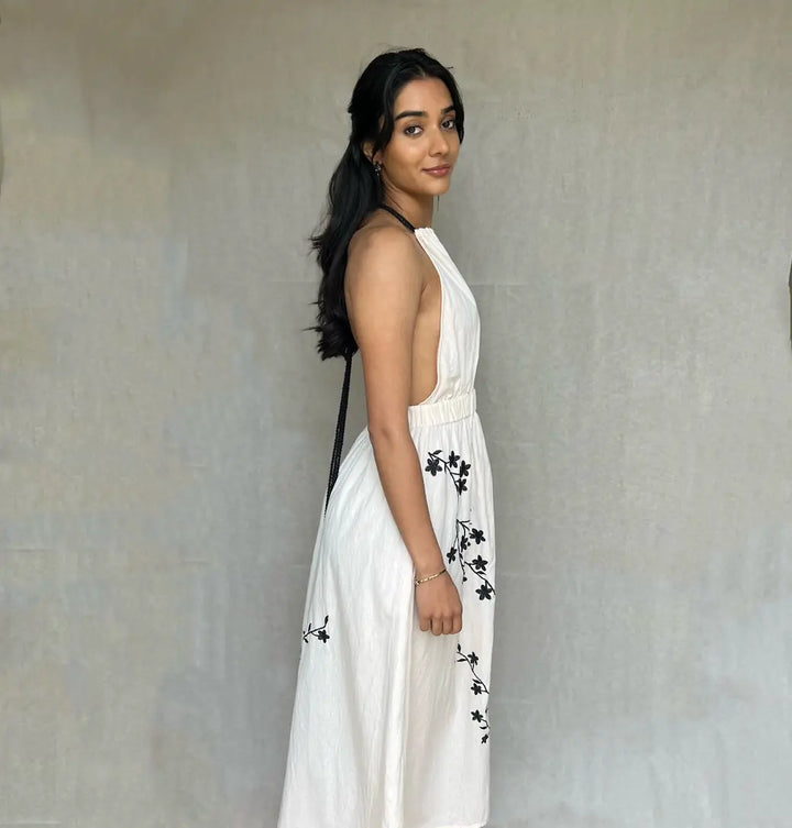 Georgina Linen embroidered Halter Dress - Pink & Black