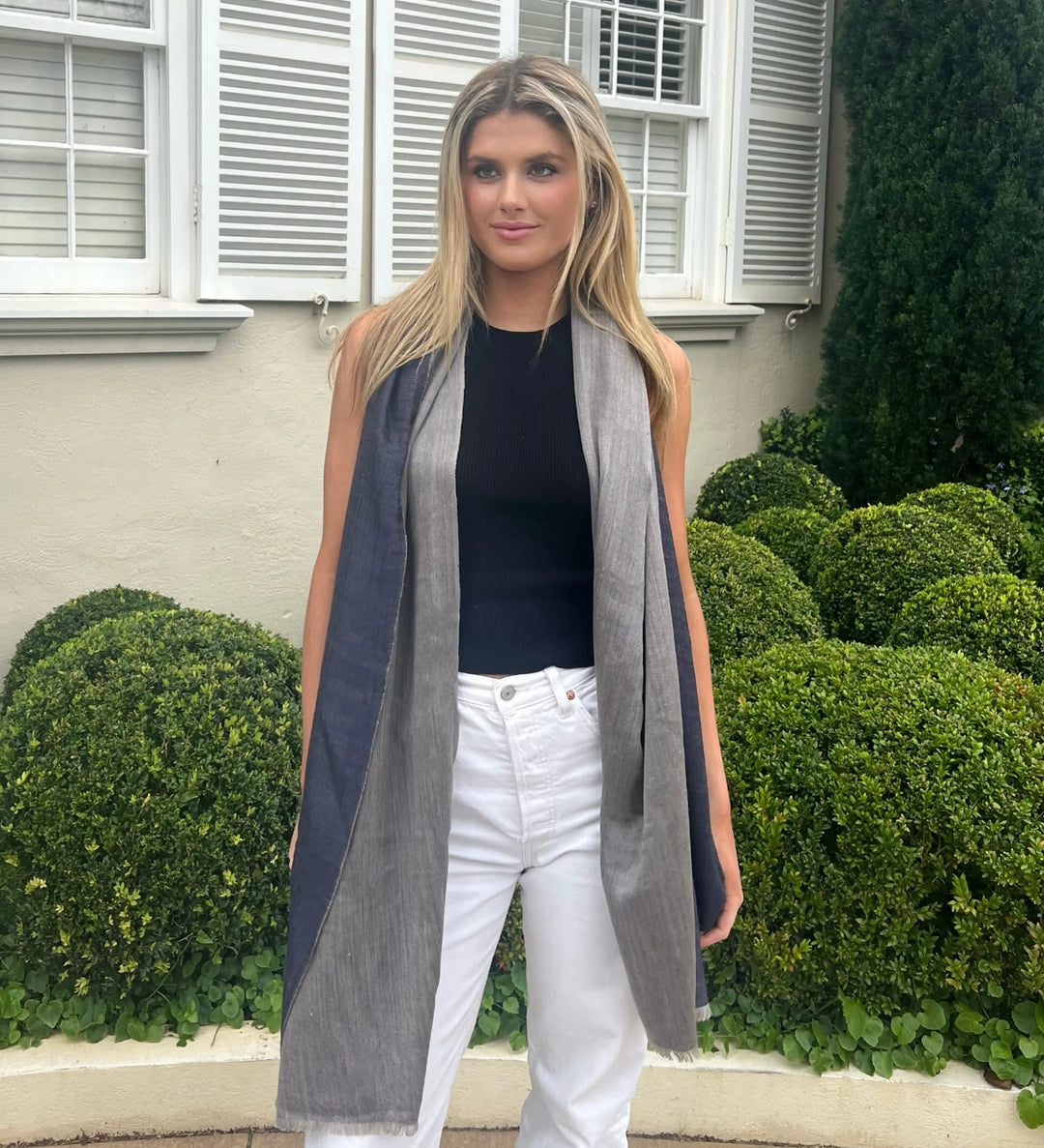 Scarf - Cashmere/ Mulberry Silk Scarf in Navy & Light Grey