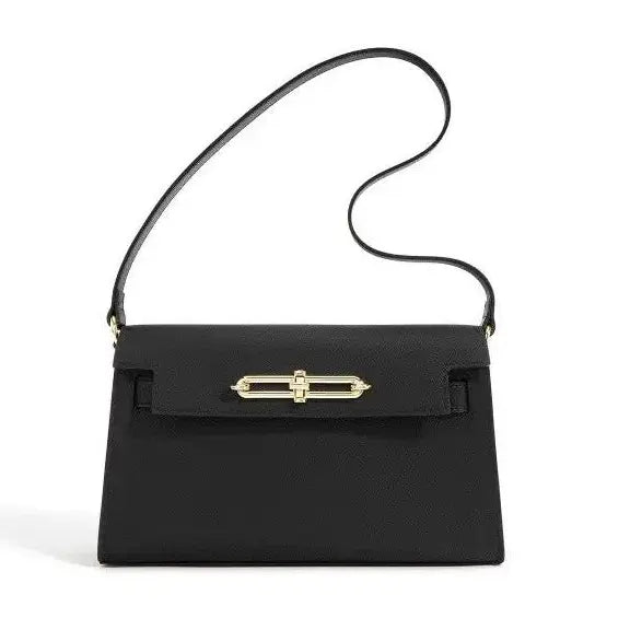 Black handbag with a gold clasp on a white background