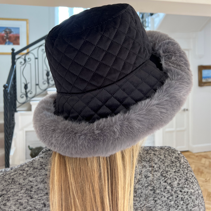 WS Faux Fur Quilted Bucket Hat - Black/Grey - Image 2