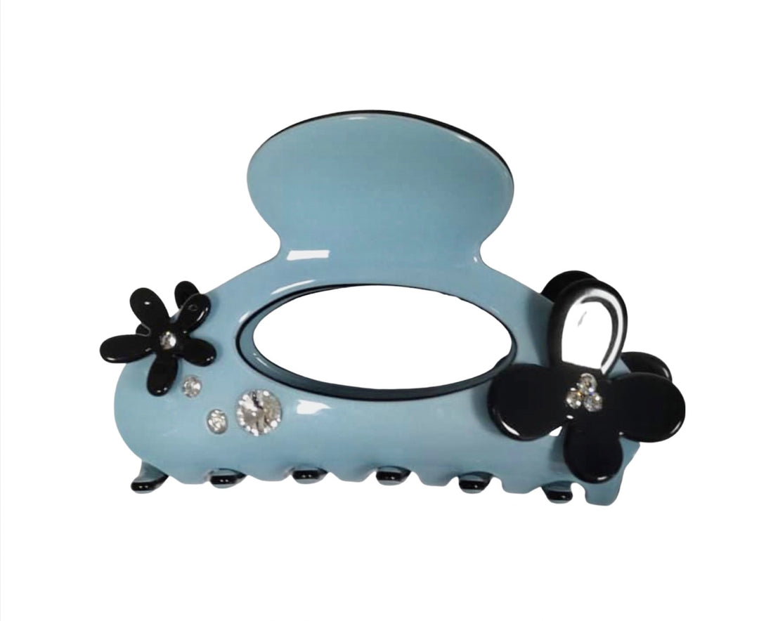 Premium Acetate Large Hair claw with Swarovski Crystal& Flower -Cerelean Blue