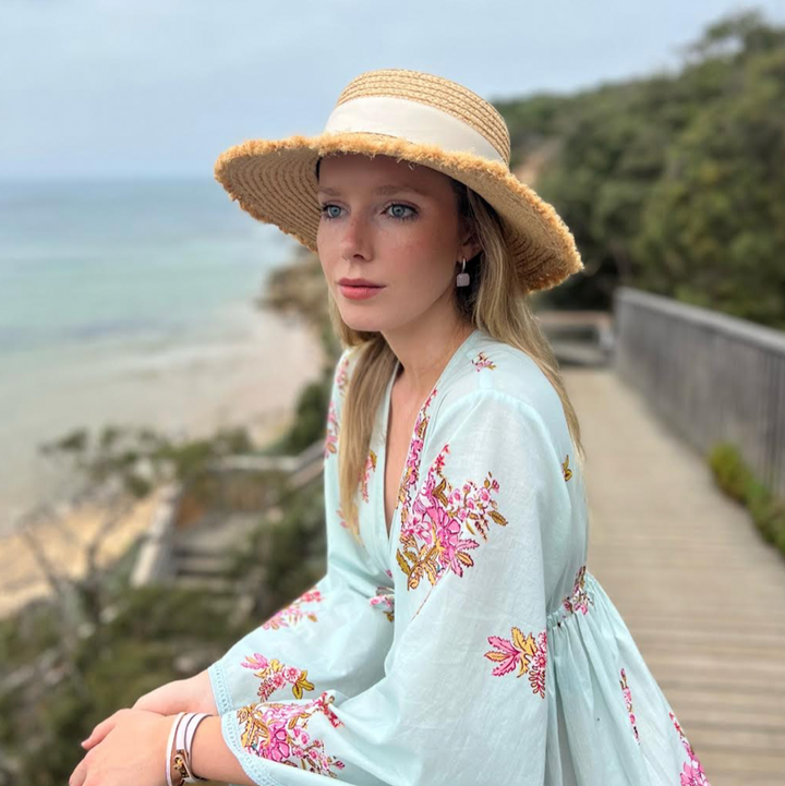 100% Raffia Straw Boater- Off White Ribbon