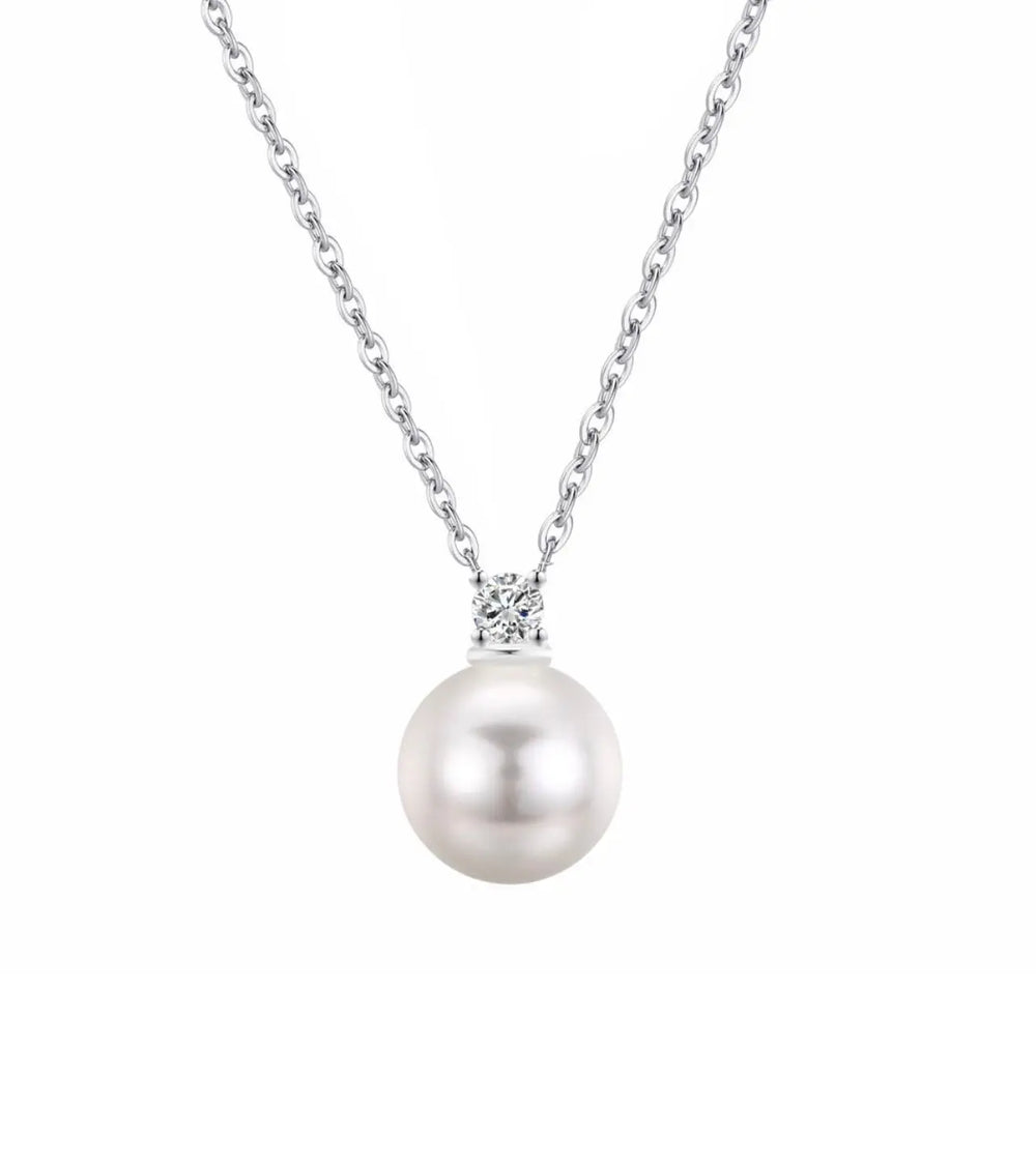 WS - Kai Round Pearl & Zirconia Pendant on Sterling Silver - White Pearl