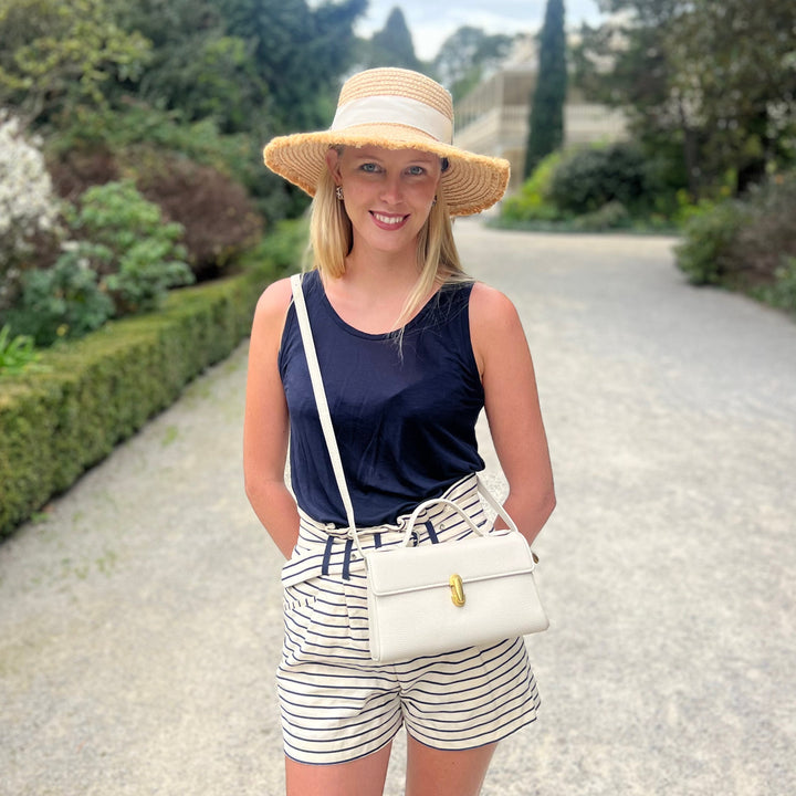 100% Raffia Straw Boater- Off White Ribbon