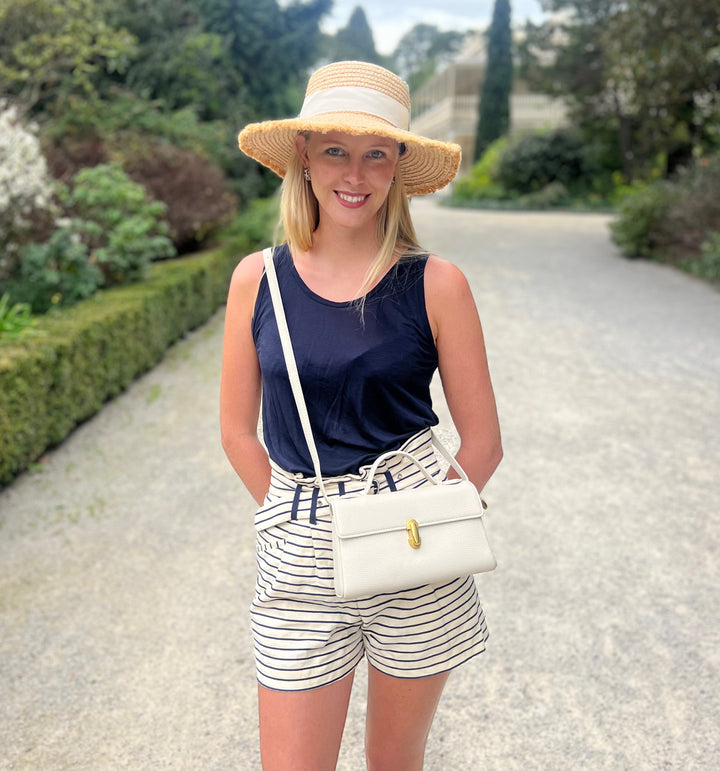 100% Raffia Straw Boater- Off White Ribbon