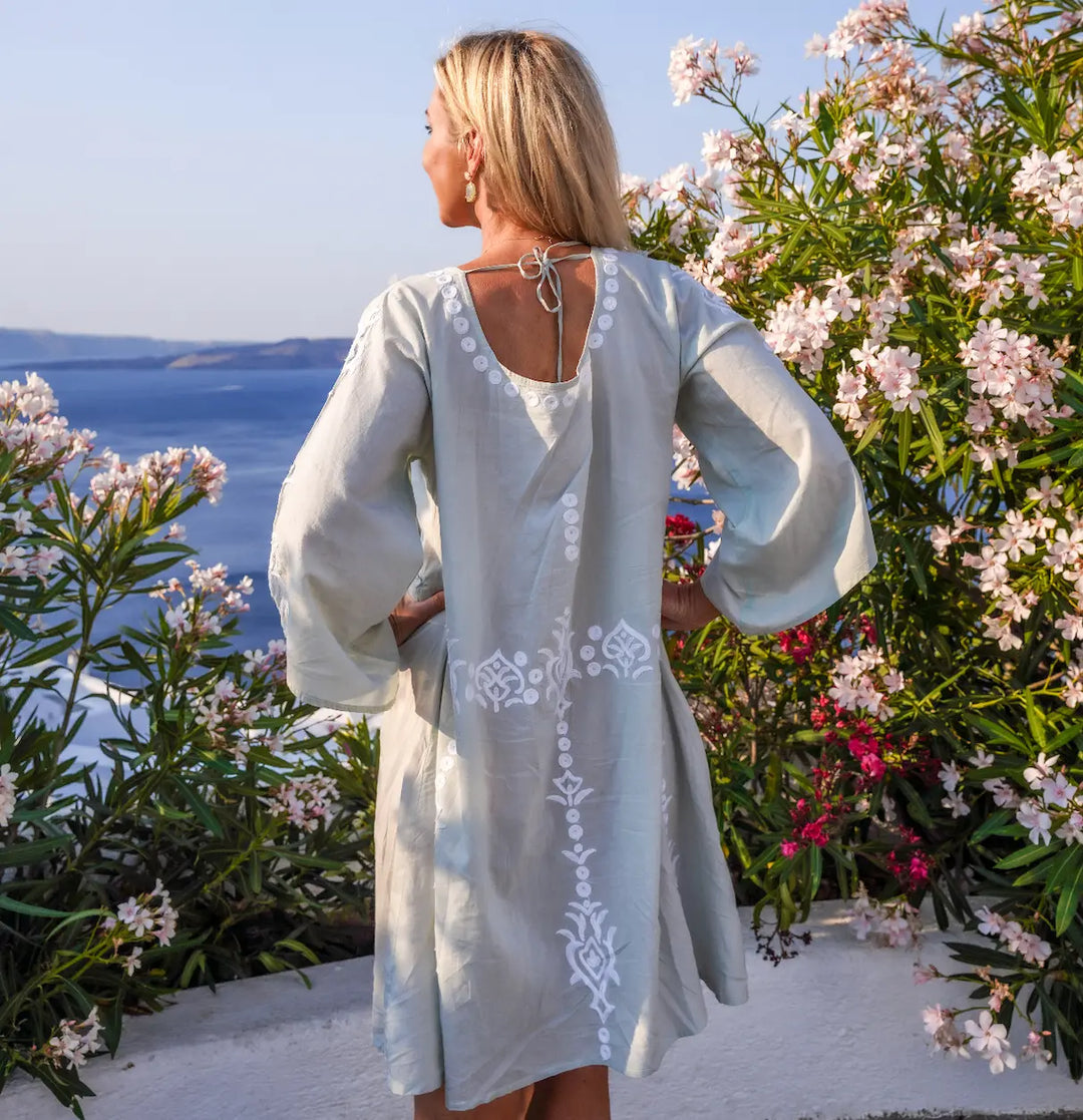 Gaia embroidered Dress in Sea Mist