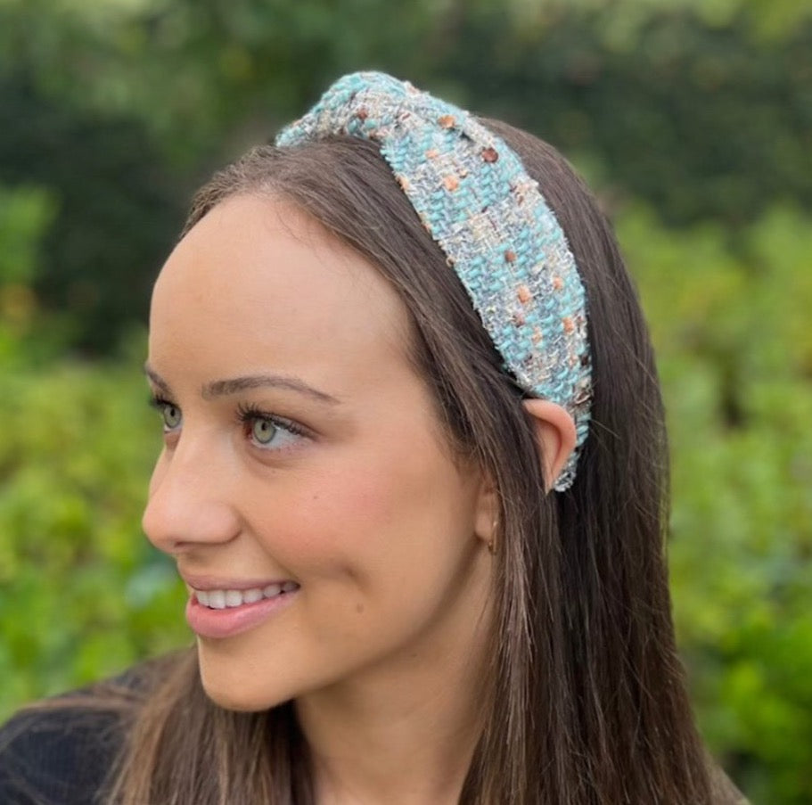 WS - Plaid Knotted Headband - Blue/Grey