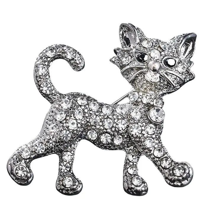 Brooch- Crystal Cat  Silver