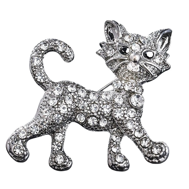Crystal Cat Brooch - Silver