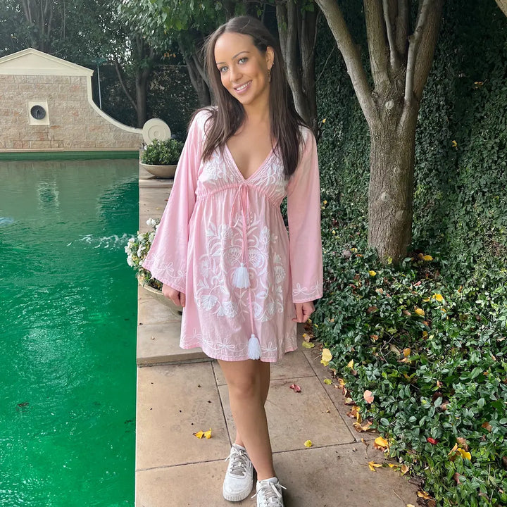 'Amelie' Embroidered Cotton Dress in Gossamer Pink