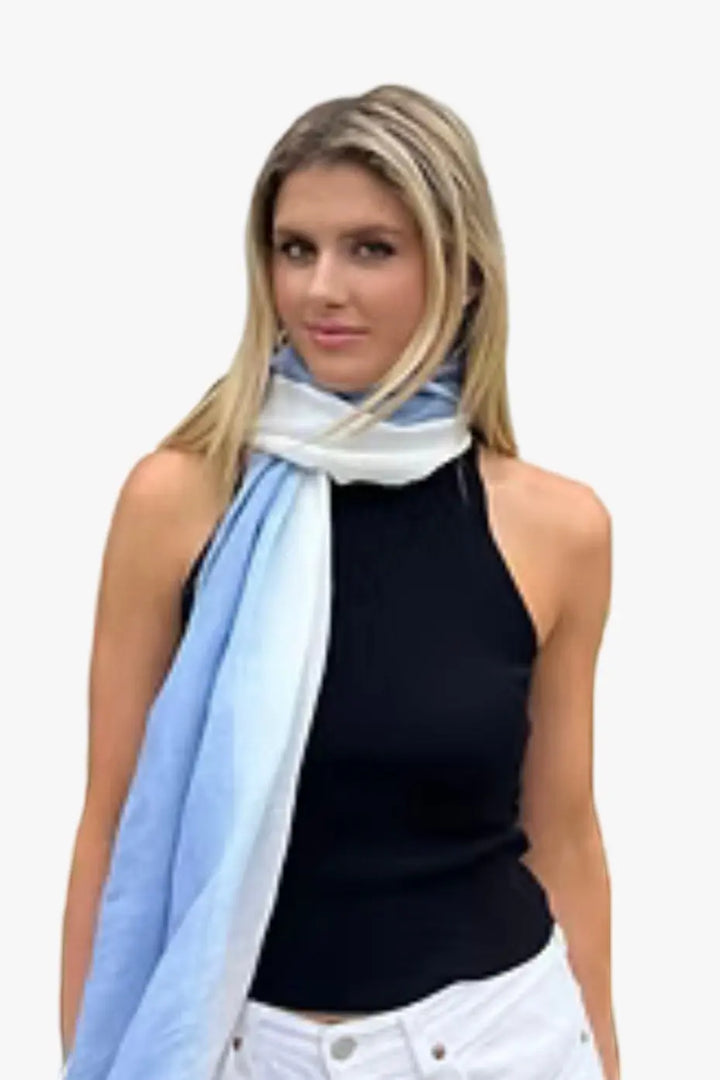 WS Linen Handwoven Ombre Scarf- Cerulean Blue/White