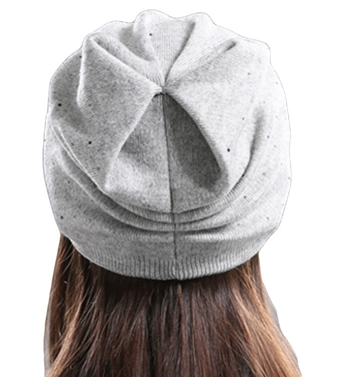 Premium Cashmere Blend Beanie; Crystals- Light Grey