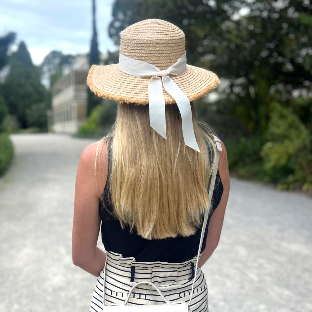 100% Raffia Straw Boater- Off White Ribbon