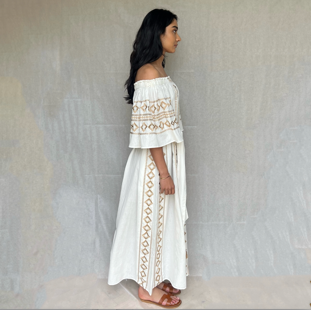 Olympia Off- shoulder Linen embroidered Dress