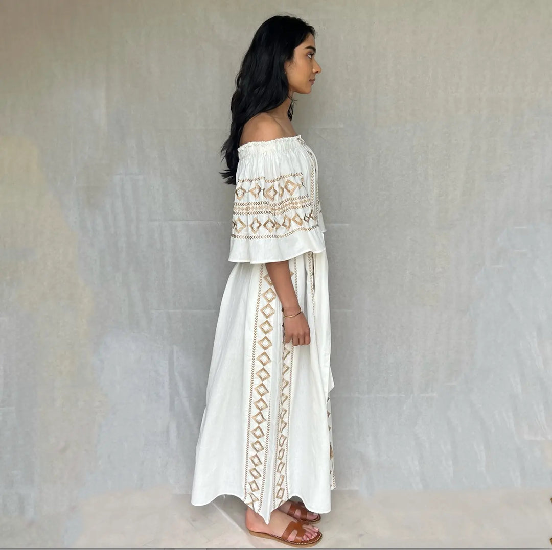 Olympia Off- shoulder Linen embroidered Dress