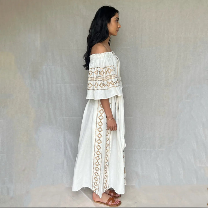 Olympia Off- shoulder Linen embroidered Dress