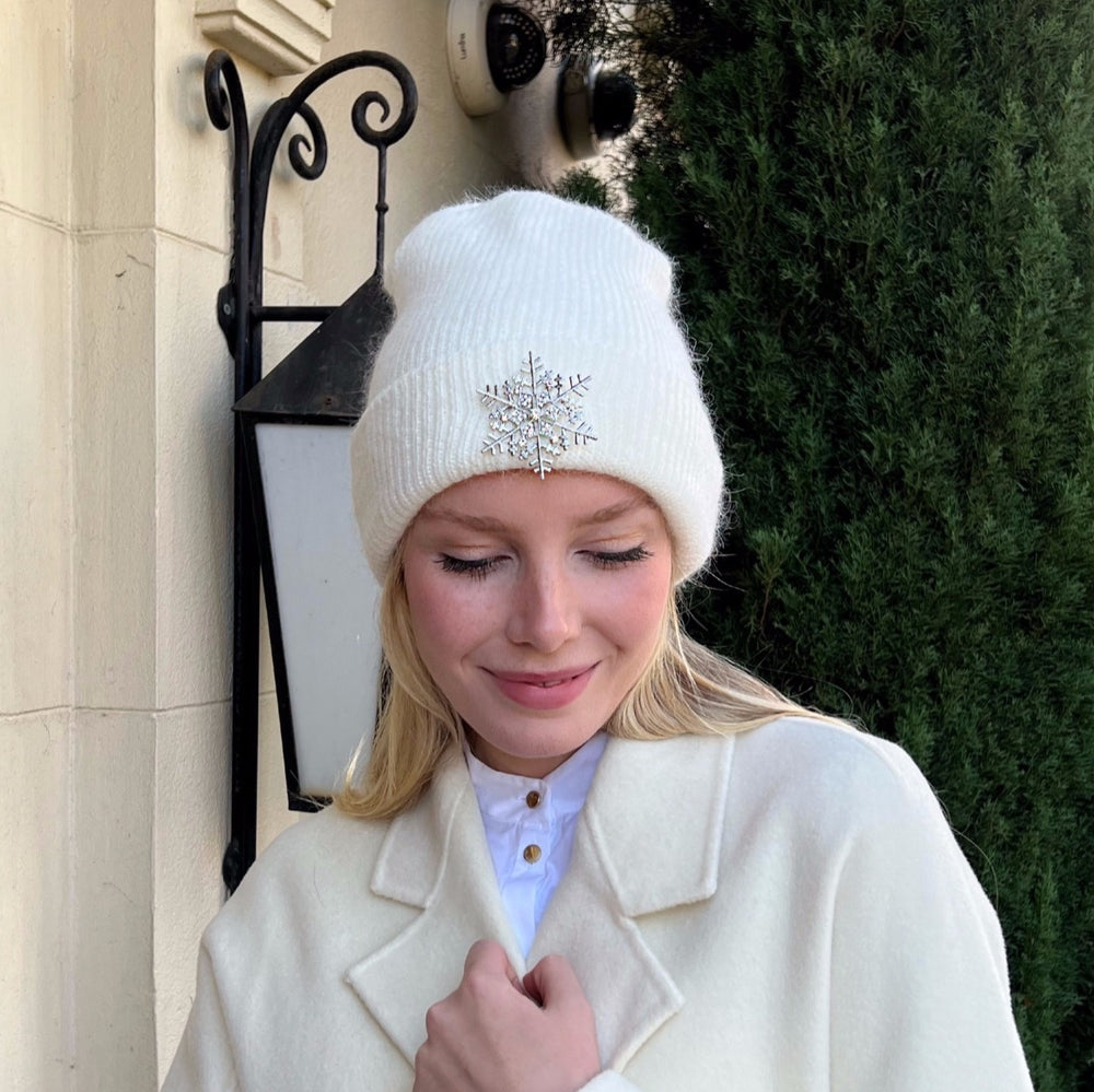 WS - Angora Blend Beanie with SnowFlake- White 754523535067