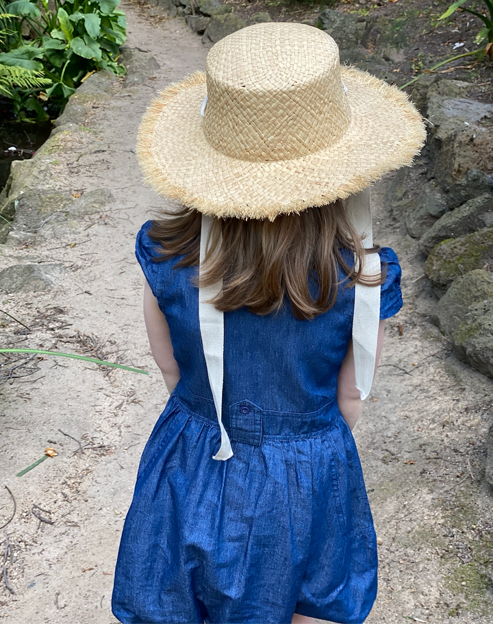 100% Raffia Childrens Fraye Boater with Off White Ribbon 4-8yrs
