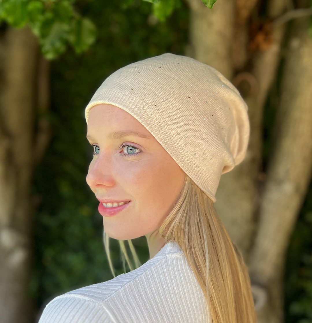 Premium Cashmere Blend Beanie &Crystals - off white