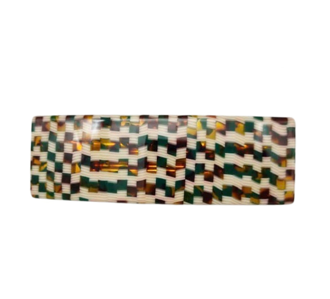 WS - Premium Acetate Wide Barrette - Green/ Gold check 757953171355