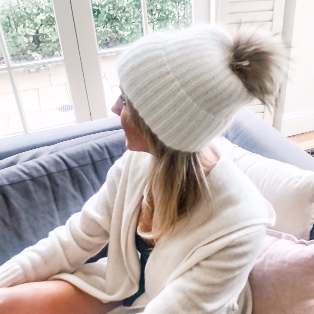 70 % Angora Beanie - Off White &Pom pom