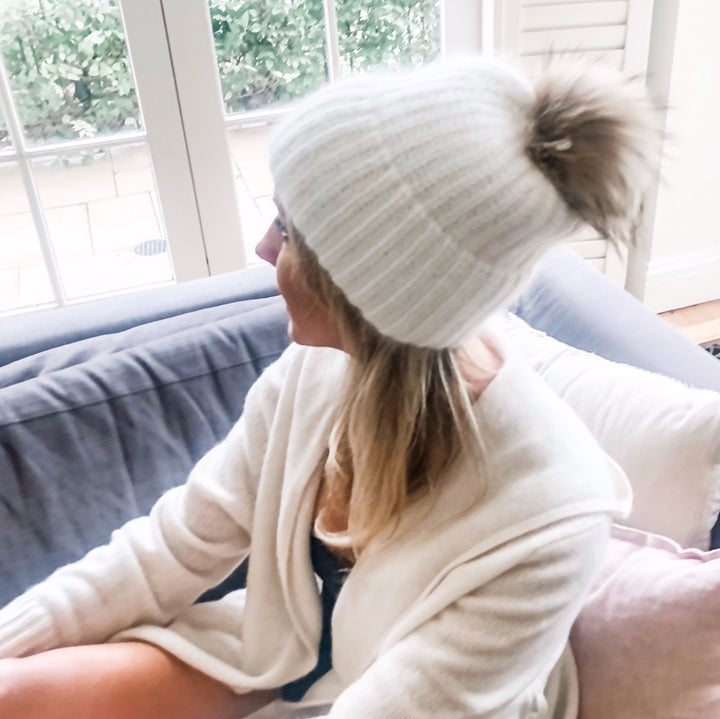 70 % Angora Beanie - Off White &Pom pom