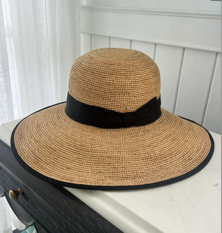 Kelly Raffia Hat with Trim - Black Bow