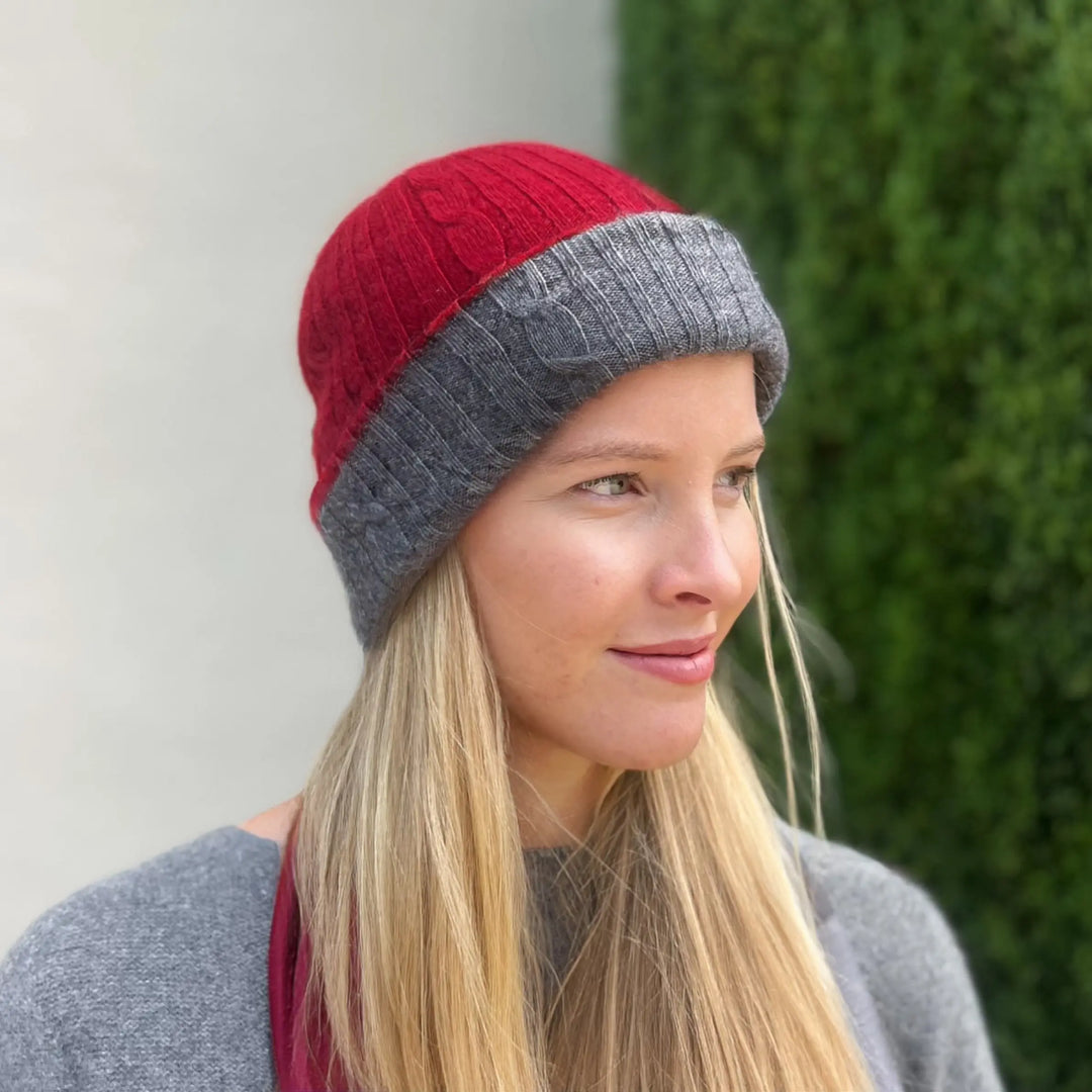 WS - Beanie - Cashmere reversible Wine/Grey