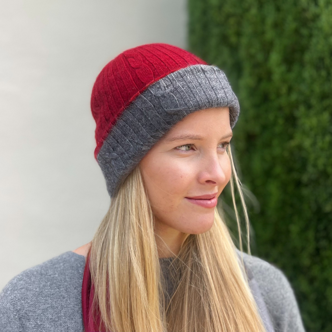 Cashmere Reversible Beanie - Wine/Grey - Image 2