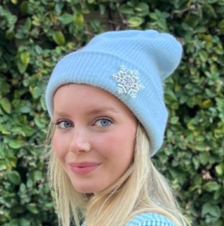 Angora Blend Beanie with SnowFlake- Blue