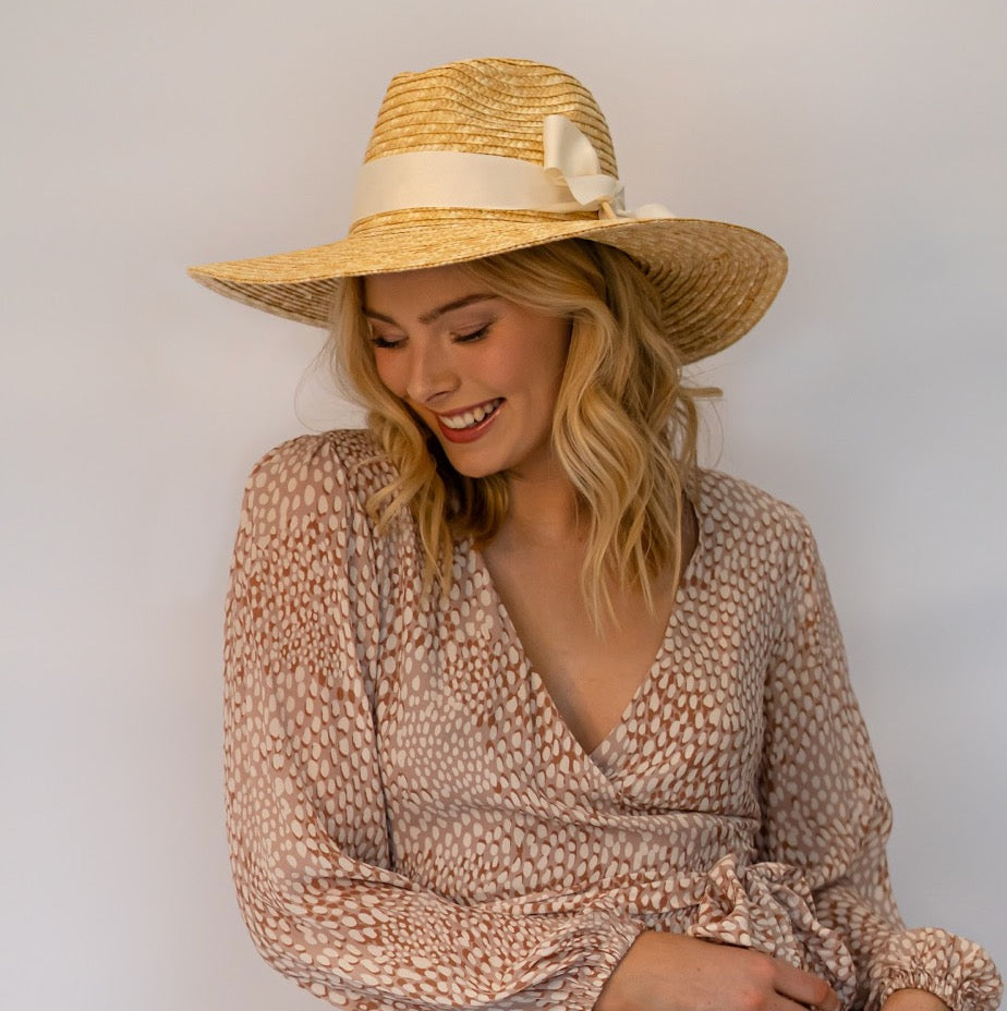 100% Wheat Straw Panama Ultrawide brim natural  straw- Off white Ribbon