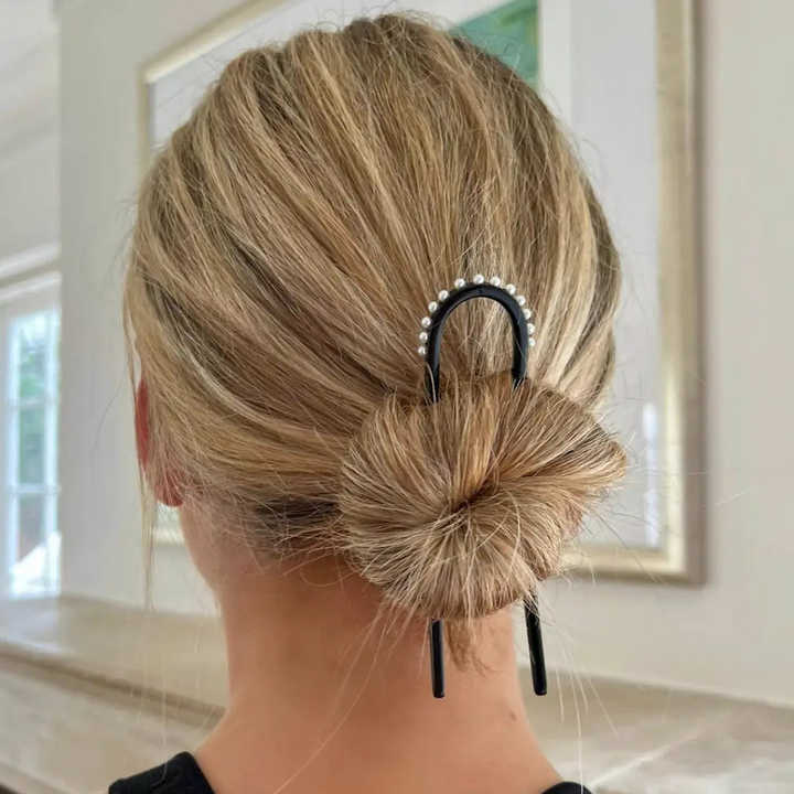 WS Premium Acetate Chignon U Pin with Pearl - Black - Image 1