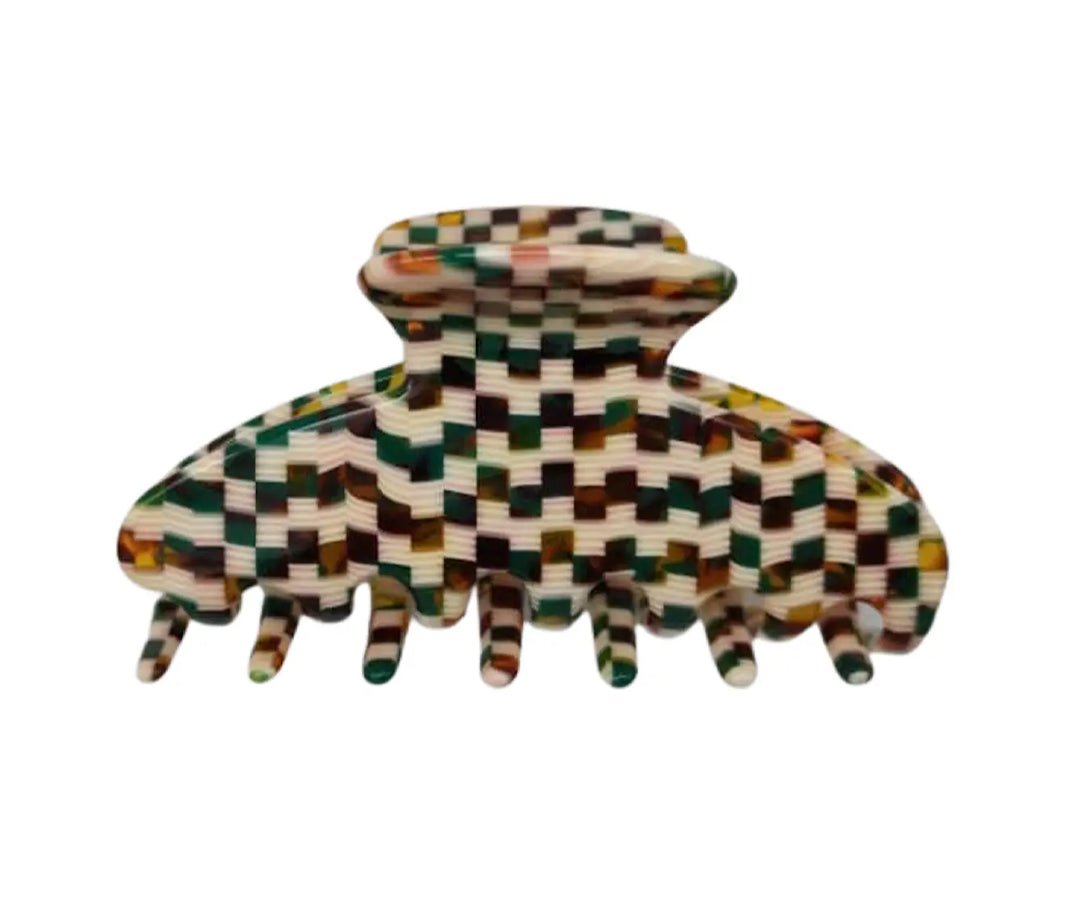 Large Acetate Hair Claw Gold/Green/Beige Check