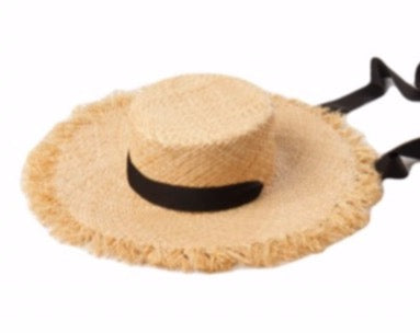 100% Rafia Childrens Fraye Boater with black  Ribbon 4-8yrs