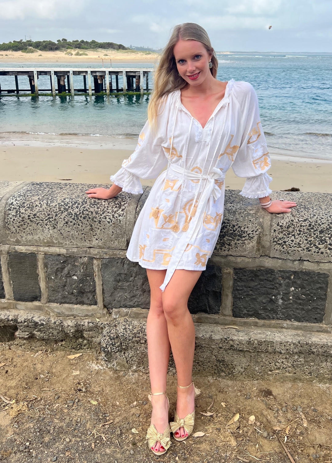 'Aurelie' Dress in linen with brushed Gold & White embroidery