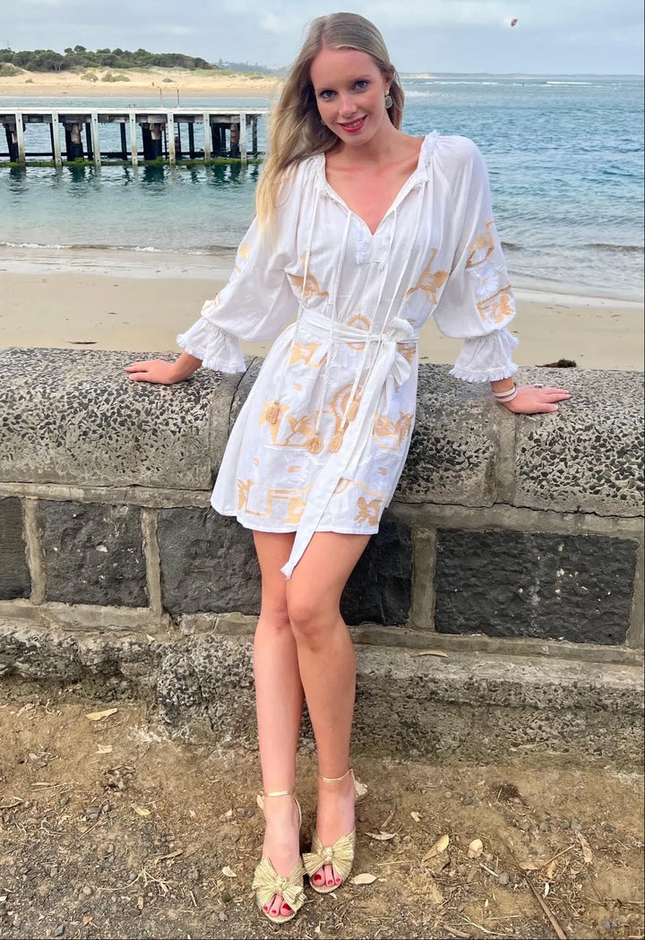 'Aurelie' Dress in linen with brushed Gold & White embroidery