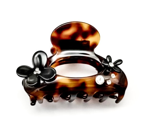 Premium Large Hairclaw with Swarovski Crystals & Flowers - Dark Tortoise