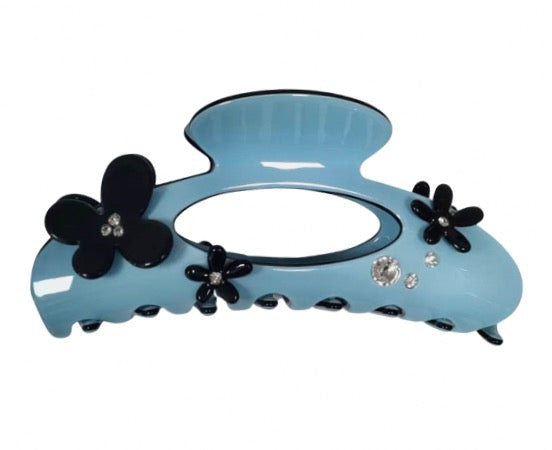 Premium Oversized Hairclaw with Swarovski Crystals & Flower-Cerulean Blue