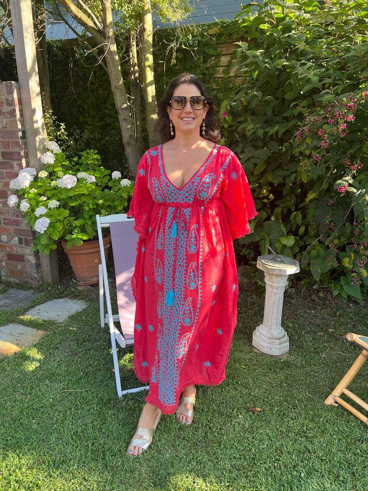 'Juliette' embroidered cotton dress in Red