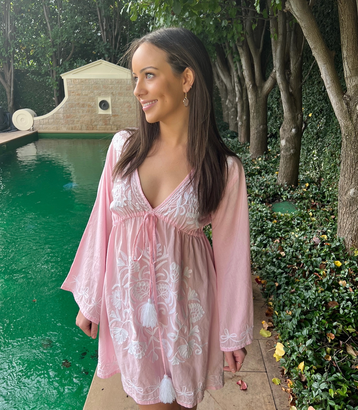 'Amelie' Embroidered Cotton Dress in Gossamer Pink